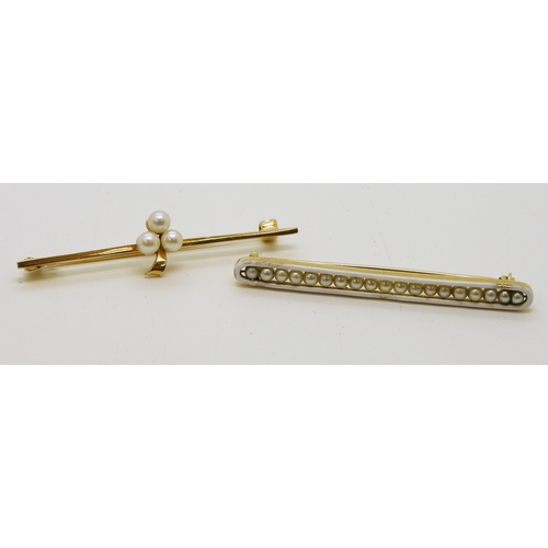 721 - A bright yellow metal bar brooch with white enamel and set with pearls, length 5cm, weight 4gms, tog...