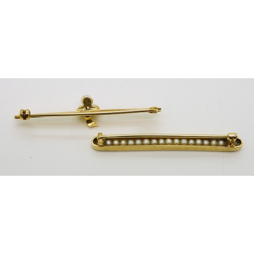 721 - A bright yellow metal bar brooch with white enamel and set with pearls, length 5cm, weight 4gms, tog...