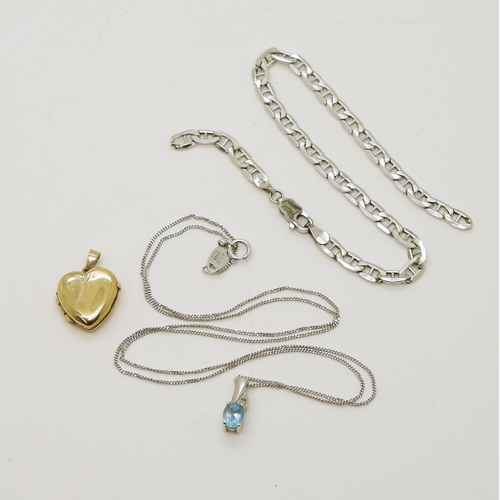 726 - A 9ct white gold Italian made 45cm chain, with a blue gem and diamond pendant, an (af) 9ct white gol...
