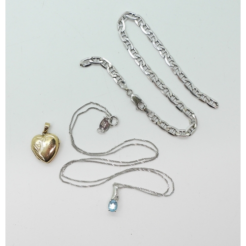 726 - A 9ct white gold Italian made 45cm chain, with a blue gem and diamond pendant, an (af) 9ct white gol...
