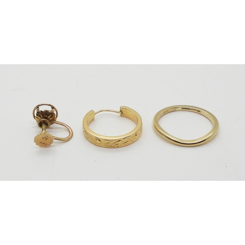 736 - An 18ct french gold hoop earring, weight 0.9gms, a 14k gold ring, size M1/2, and a single earring we...