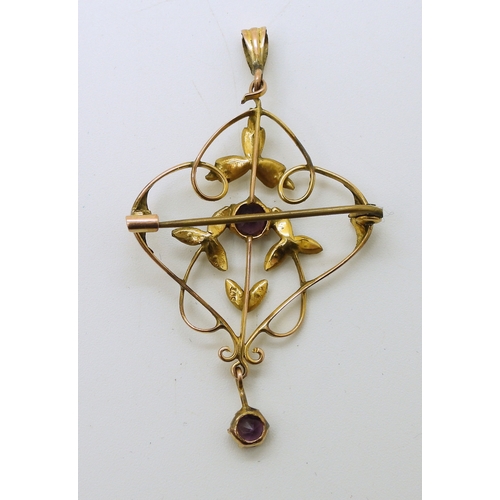737 - A yellow metal Edwardian pendant set with purple glass and pearls, length 5.5cm, weight 2.9gms...
