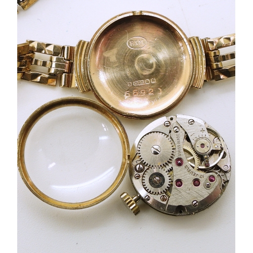 741 - A 9ct gold ladies Swiss made 17 Jewel wristwatch, length 18.5cm, weight without mechanism 10.7gms...