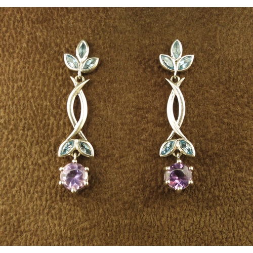 742 - A pair of 9ct white gold amethyst and blue topaz drop earrings, length 3.5cm, weight 4.1gms...
