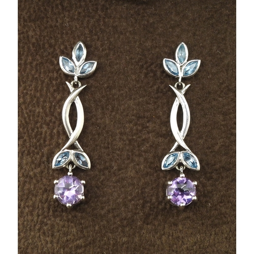 742 - A pair of 9ct white gold amethyst and blue topaz drop earrings, length 3.5cm, weight 4.1gms...