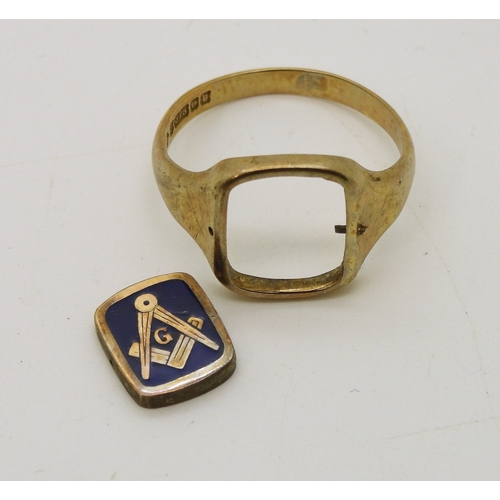 744 - A 9ct gold Masonic ring, size W, together with a gents rose coloured metal puzzle ring, both (af) we...