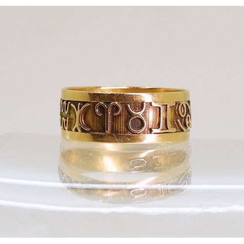 766 - A bright yellow metal Zodiac ring, size k, weight 1.3gms