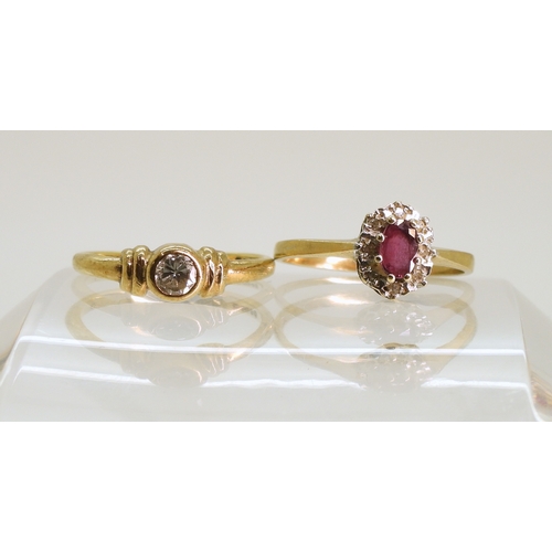 768 - An 18ct gold ruby and diamond cluster ring,size L, weight 1.4gms together with a 9ct gold diamond so... 