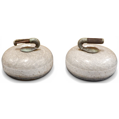 9027 - A pair of late 19th/early 20th century Scottish Ailsa Craig granite curling stones with metal and wo...