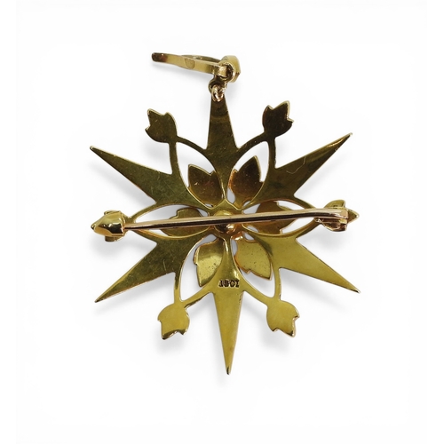 2704 - A PEARL STAR PENDANT BROOCHmade in 15ct gold and set throughout with split pearls, with removable ha... 
