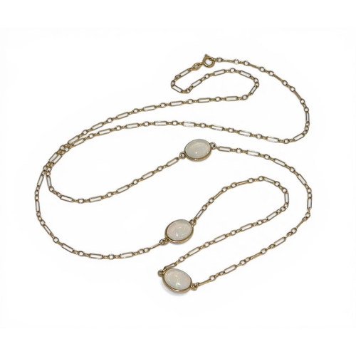 2708 - AN OPAL NECKLACEthe 18ct gold chain is hung with three spectacle set jelly opals of approx 10mm x 8m... 