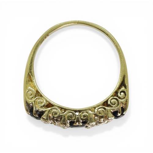2712 - A SAPPHIRE & DIAMOND RINGwith a 18ct scroll mount, set with two estimated approx 0.20ct brillian... 