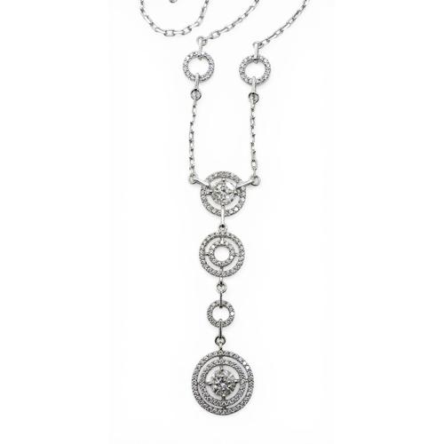 2715 - A DIAMOND NECKLACE made in 18ct white gold with a circles theme. set with brilliant cut, marquis cut... 