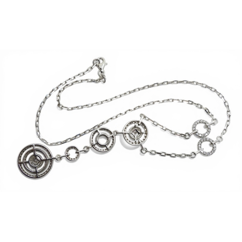 2715 - A DIAMOND NECKLACE made in 18ct white gold with a circles theme. set with brilliant cut, marquis cut... 