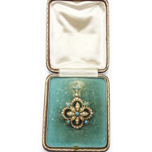 2716 - AN EDWARDIAN PENDANT BROOCHmade in 15ct gold, the flower design set with split pearls and turquoise.... 