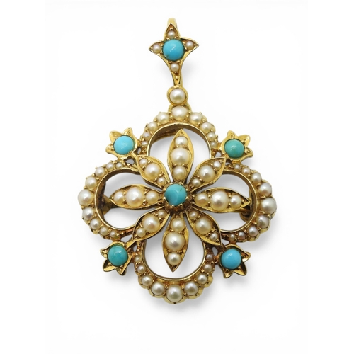 2716 - AN EDWARDIAN PENDANT BROOCHmade in 15ct gold, the flower design set with split pearls and turquoise.... 