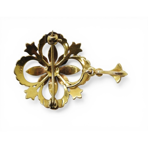 2716 - AN EDWARDIAN PENDANT BROOCHmade in 15ct gold, the flower design set with split pearls and turquoise.... 
