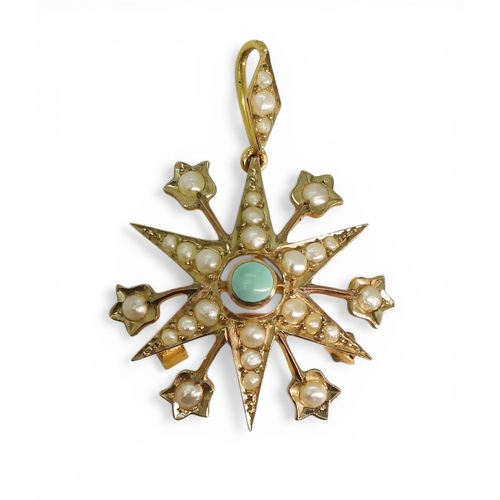 2725 - A STAR PENDANT BROOCHmade in yellow metal and set with split pearls and turquoise. Diameter 2.5cm, l... 