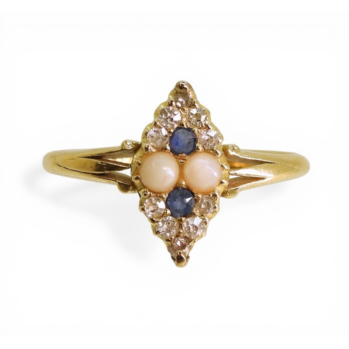 2729 - A VICTORIAN RINGmade in 18ct gold hallmarked Chester 1892, set with two pearls, two sapphires and ol... 