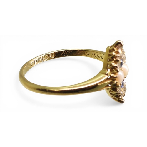 2729 - A VICTORIAN RINGmade in 18ct gold hallmarked Chester 1892, set with two pearls, two sapphires and ol... 