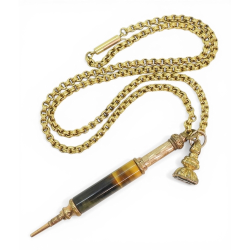 2730 - A YELLOW METAL DOUBLE BELCHER CHAINlength 54.5cm, weight 10.2gms, with an attached gold plated tiger... 