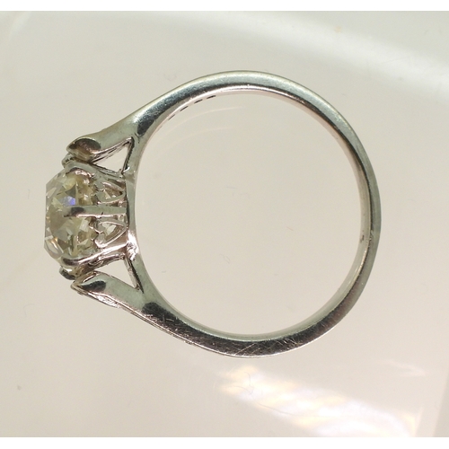 2734 - A SUBSTANTIAL CUSHION CUT DIAMOND RINGre-set in a modern white metal mount, with pave set diamond sh... 