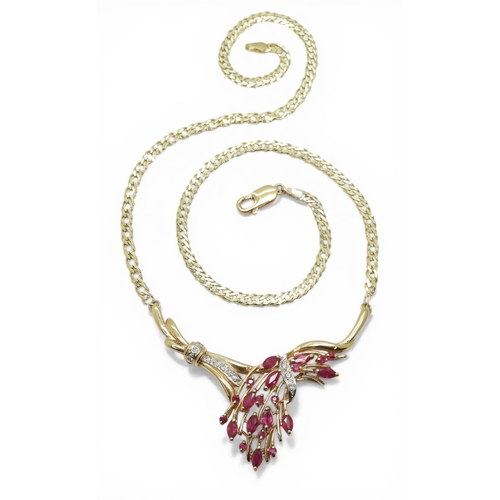 2741 - A RUBY & DIAMOND NECKLACEmounted in 9ct gold, the marquis and round cut ruby spray is enhanced w... 