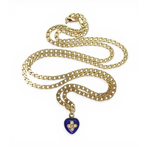 2742 - AN ENAMEL & PEARL HEART SHAPED LOCKETmade in bright yellow metal, with cobalt blue guilloche ena... 