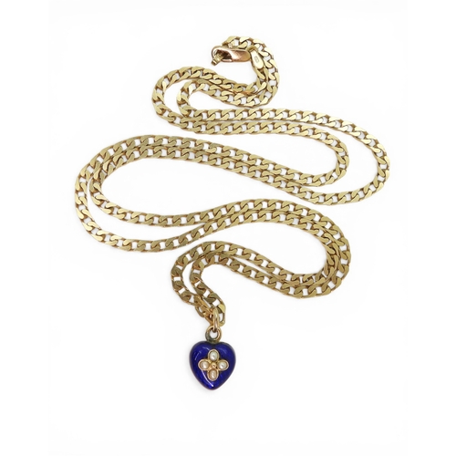 2742 - AN ENAMEL & PEARL HEART SHAPED LOCKETmade in bright yellow metal, with cobalt blue guilloche ena... 