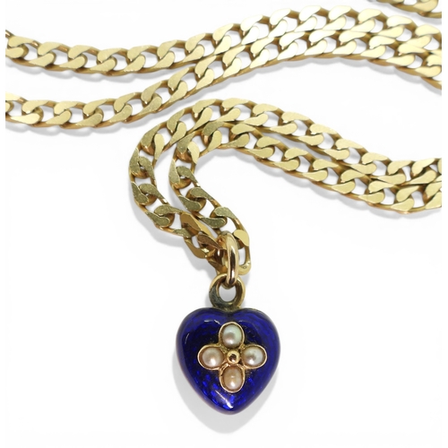2742 - AN ENAMEL & PEARL HEART SHAPED LOCKETmade in bright yellow metal, with cobalt blue guilloche ena... 
