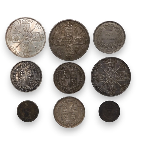 5031 - Victoria (1837-1901) a lot of coins to include florin 1887 x 2, shilling 1887 x 2, gothic florin mdc... 