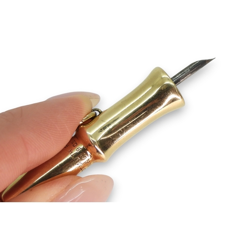 761 - A 9ct gold , L & C. Hardtmuth cheroot piercer, with hanging loop, retailed by S. Mordan & Co... 