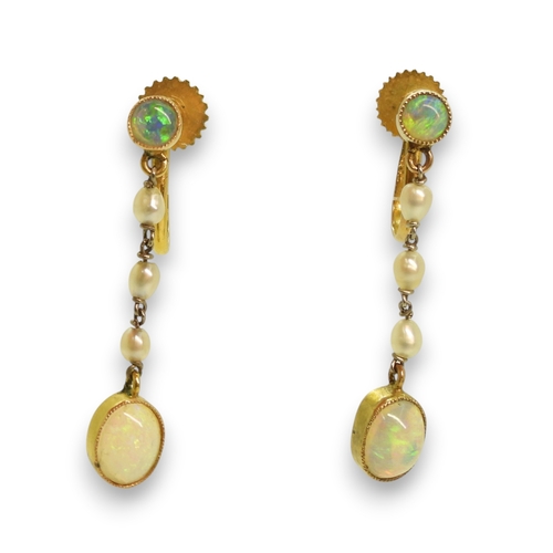764 - A pair of yellow metal solid opal and pearl earrings, length of drop 2.8cm, weight 1.9gms