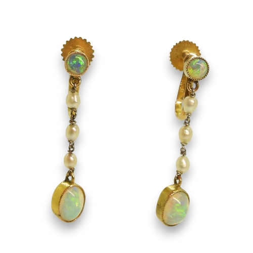 764 - A pair of yellow metal solid opal and pearl earrings, length of drop 2.8cm, weight 1.9gms