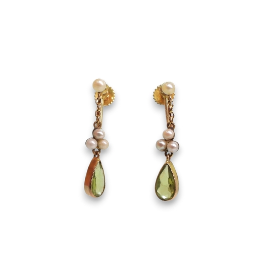 766 - A pair of 9ct gold peridot and pearl drop earrings with screw back fittings, weight 1.5gms