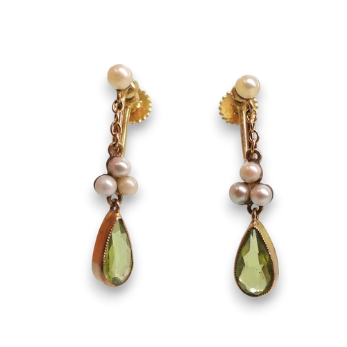 766 - A pair of 9ct gold peridot and pearl drop earrings with screw back fittings, weight 1.5gms