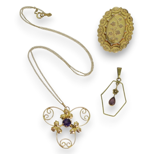 769 - Two 9ct gold Edwardian pendants, both set with amethysts, a 40cm 10k gold chain and a 9ct gold broke... 