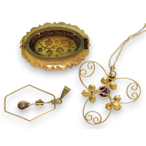 769 - Two 9ct gold Edwardian pendants, both set with amethysts, a 40cm 10k gold chain and a 9ct gold broke... 