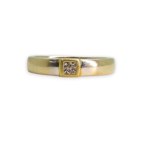 775 - An 18ct yellow and white gold, four princess cut diamond cluster ring, size N1/2, weight 4gms