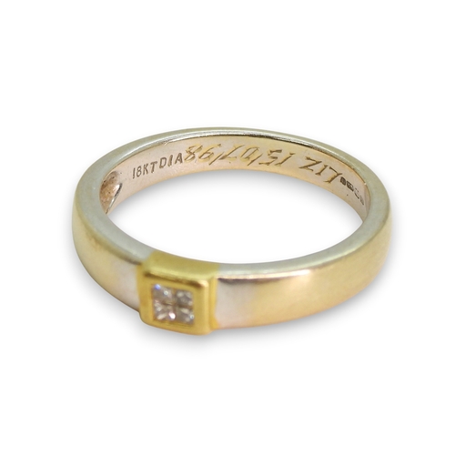 775 - An 18ct yellow and white gold, four princess cut diamond cluster ring, size N1/2, weight 4gms