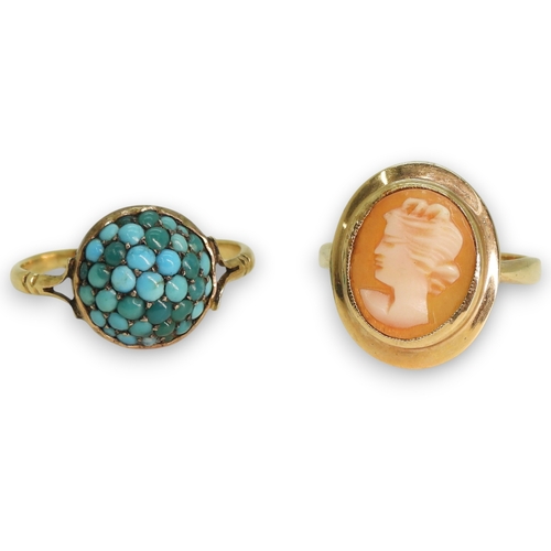 780 - A yellow metal turquoise set dome ring, size approx N1/2, weight 2.8gms, a 9ct gold cameo ring size ... 