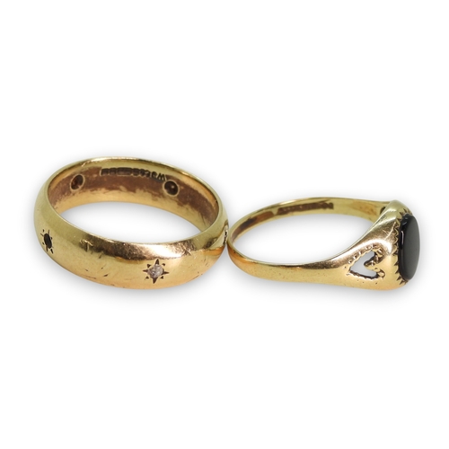 782 - A 9ct gold wedding ring set with clear gems (two missing) size R, a 9ct onyx signet ring size O1/2 a... 