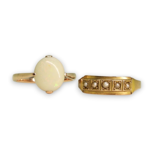 786 - A 9ct gold pearl set ring with Chester hallmarks for 1880, size R, a 9ct rose gold solid white opal ... 
