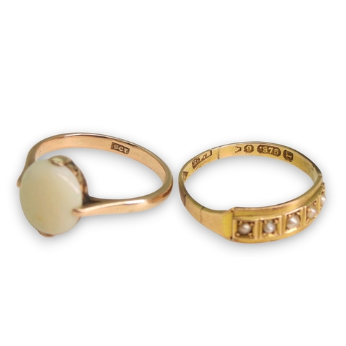 786 - A 9ct gold pearl set ring with Chester hallmarks for 1880, size R, a 9ct rose gold solid white opal ... 