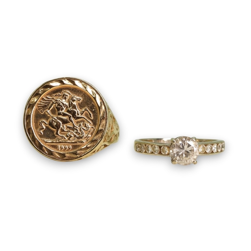 789 - A 9ct white gold cz set solitaire ring, size N, together with a faux coin 9ct gold ring, size R, wei... 