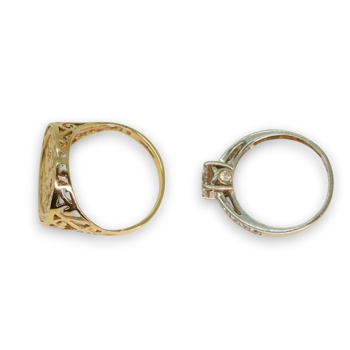 789 - A 9ct white gold cz set solitaire ring, size N, together with a faux coin 9ct gold ring, size R, wei... 