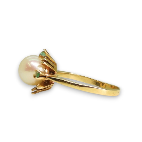 790 - A bright yellow metal pearl and emerald retro ring, (one emerald missing) size N1/2, weight 3.4gms