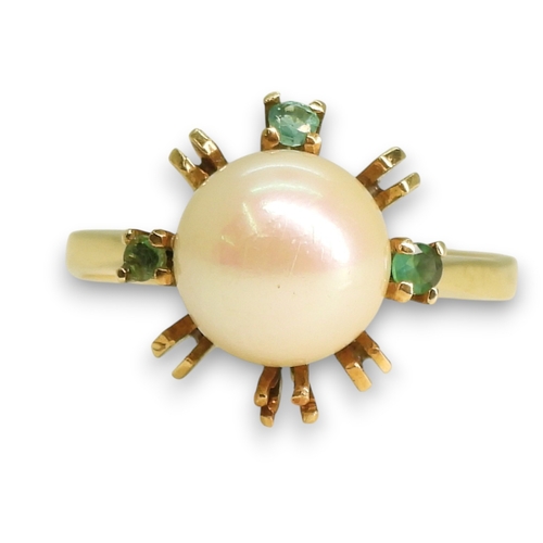 790 - A bright yellow metal pearl and emerald retro ring, (one emerald missing) size N1/2, weight 3.4gms