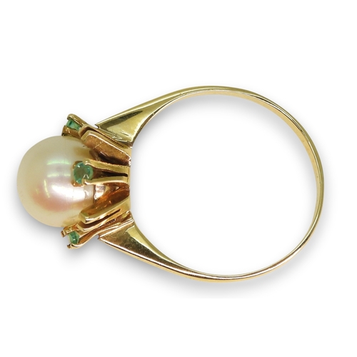 790 - A bright yellow metal pearl and emerald retro ring, (one emerald missing) size N1/2, weight 3.4gms