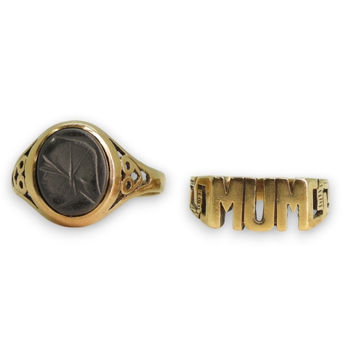 793 - A 9ct gold MUM ring size P1/2, a 9ct gold centurion ring, size approx W (shank snapped) weight combi... 